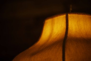 Kavisli bir kırsal abajurun 8K fotoğrafı. Deri lambanın detaylı fotoğrafını çek. Sıcak turuncu ışık. Gece çekimi..