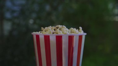 Yaz pikniğinde, klasik kırmızı ve beyaz bir kase patlamış mısır. 4K yavaş çekim. Sola doğru yavaşça dönüyor. Çimen ve yeşillik arka planda odak dışı doğa.