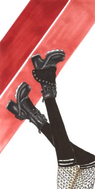 Çoraplı, siyah topuklu güzel uzun kadın bacakları..