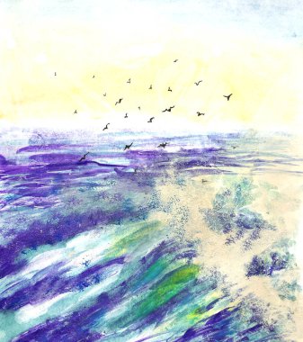 Deniz. Martılı okyanus dalgaları sanat boyası