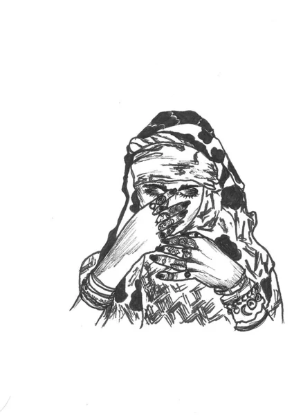 Tekening Zwarte Voering Een Afbeelding Van Een Zigeunervrouw Met Ringen — Stockfoto
