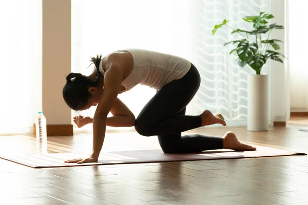 Asian woman pilates exercise yoga in home.