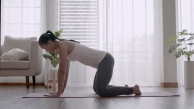 Evde yoga yapan Asyalı kadın kedi ve inek pozu veriyor..