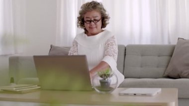 Oturma odasında dizüstü bilgisayarda çalışan Asyalı yaşlı kadın..