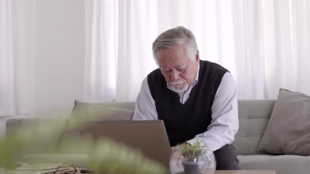 Asian Elderly Man Working Job Computer Living Room — Stock Video