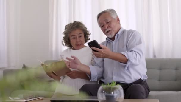 Elderly Asian Elderly Video Call Smartphone Sofa Relaxing Day — Stock Video