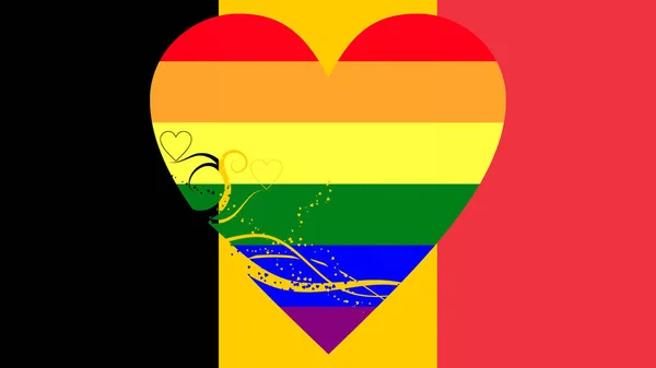 比利时国旗 中央有彩虹旗 Lgbt运动 色彩的巨大装饰心脏 — 图库照片