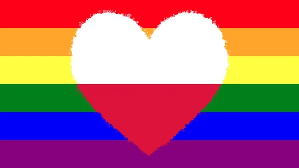 彩虹旗 Lgbt运动 心脏宽大 中间有波兰国旗的颜色 — 图库照片