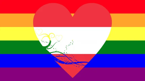 彩虹同性恋旗帜 Lgbt运动 中间有一颗装饰着奥地利国旗色彩的大心脏 — 图库照片