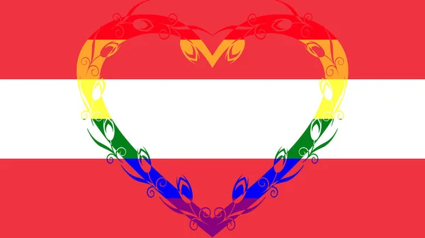 奥地利国旗中央有一个巨大的装饰花卉心形彩旗 Lgbt运动 — 图库照片