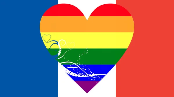 法国国旗 中央有彩虹旗 Lgbt运动 色彩的巨大装饰心脏 — 图库照片