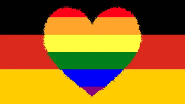 德国国旗 中央有彩虹旗 Lgbt运动 色彩的巨大装饰心脏 — 图库照片