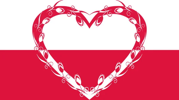 Vlajka Polska Velkým Ozdobným Květinovým Srdcem Vlajkách Barvy Uprostřed — Stock fotografie