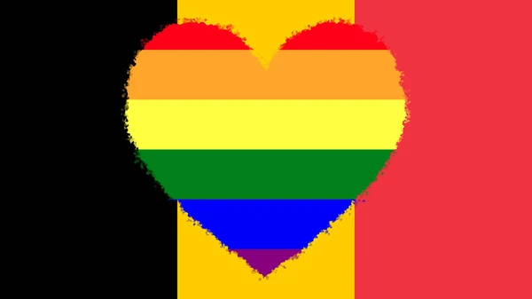 比利时国旗 中央有彩虹旗 Lgbt运动 色彩的巨大装饰心脏 — 图库照片