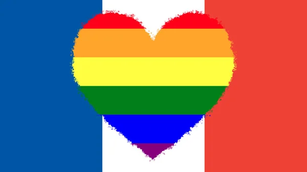 法国国旗 中央有彩虹旗 Lgbt运动 色彩的巨大装饰心脏 — 图库照片