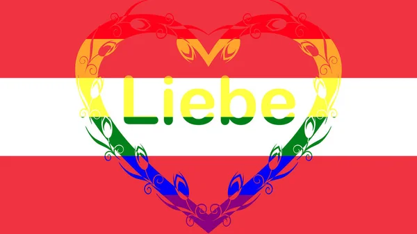 奥地利国旗的中间有彩虹旗 Lgbt运动 和丽贝 Liebe 爱的代名词 等色彩的大型装饰花卉心形图案 — 图库照片