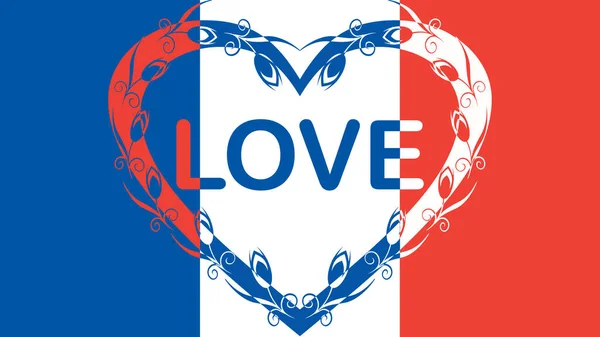 法国国旗 国旗上有宽大的装饰心 中间有爱的字样 — 图库照片