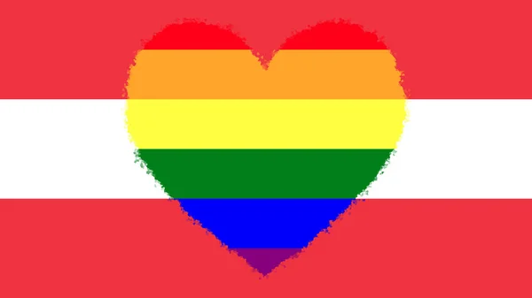 奥地利国旗 中央有彩虹旗 Lgbt运动 色彩的巨大装饰心脏 — 图库照片