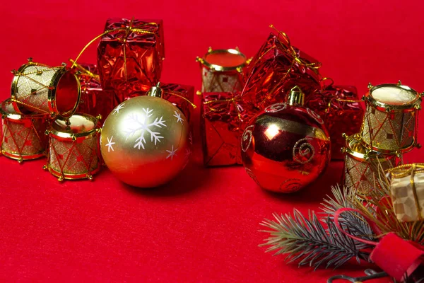 Christmas Decorations Red Background Holiday Decorations Red Gift Boxes Golden — Stock Photo, Image