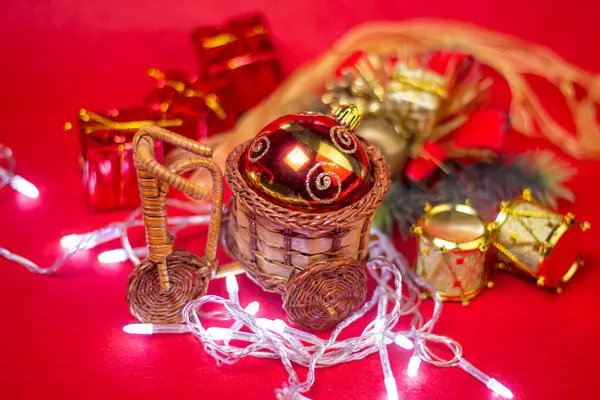 Christmas Decorations Red Background Holiday Decorations Red Christmas Ball Wicker — Stock Photo, Image