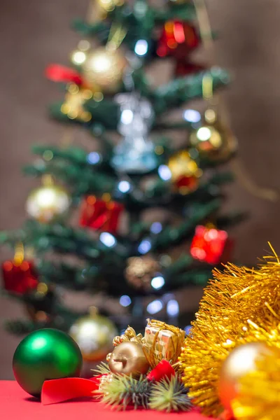 Christmas concept. Christmas toys on the background of the Christmas tree. Christmas decorations