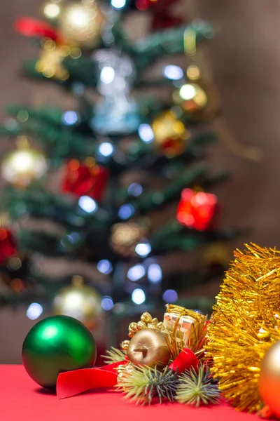 Christmas concept. Christmas toys on the background of the Christmas tree. Christmas decorations