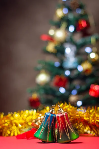 Christmas concept. Christmas toys on the background of the Christmas tree. Christmas decorations