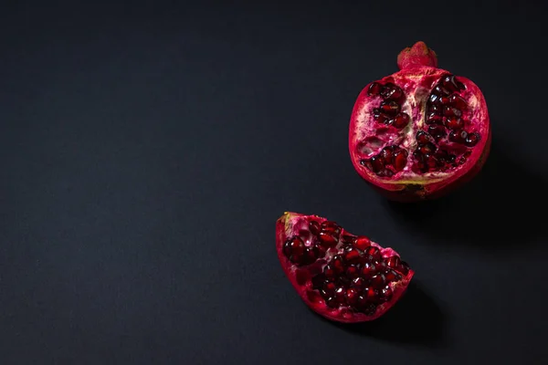 Pomegranate Black Background Cut Pomegranate Red Fruit Photo Place Inscription — Stock Photo, Image