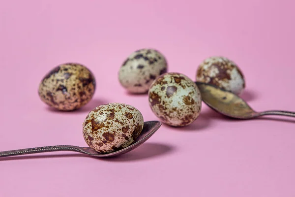 Quail eggs on a pink background. Healthy food. Quail eggs lie on teaspoons