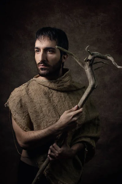 Retrato Homem Camponês Idade Média Homem Com Cajado Homem Com — Fotografia de Stock