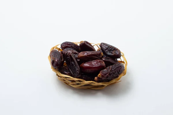 Dates White Background Dried Fruits Dried Dates Small Basket — Stock Photo, Image