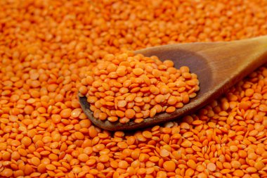 Beyaz arka planda kırmızı mercimek. Mercimek çeşitleri. Besleyici protein yiyeceği. Tahta kaşık ve mercimek.