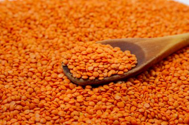 Beyaz arka planda kırmızı mercimek. Mercimek çeşitleri. Besleyici protein yiyeceği. Tahta kaşık ve mercimek.