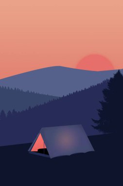 Gün batımında arka planda bir çadırın tasviri. Dağlarda gün batımı. Seyahat ve turizm konsepti. Yaratıcı çizim