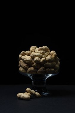Siyah arka planda yer fıstığı. Karanlık bir arka planda fıstıklı cam. Bira çerezi.