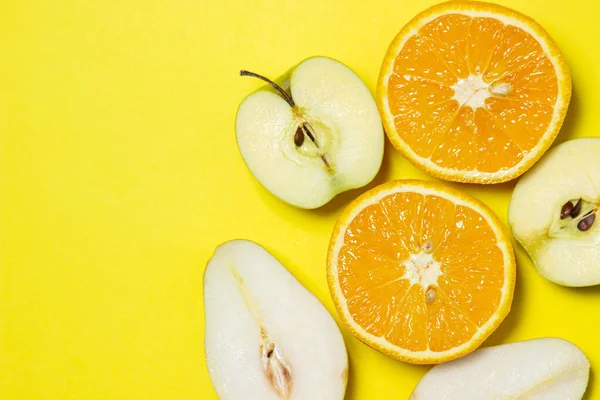 Sliced Fruits Yellow Background Healthy Diet Fruit Theme Place Inscription —  Fotos de Stock