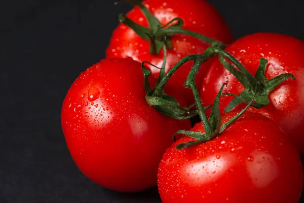 토마토는 바탕에 어두운 배경에 덩굴에는 토마토가 있습니다 야채를 삶는다 — 스톡 사진