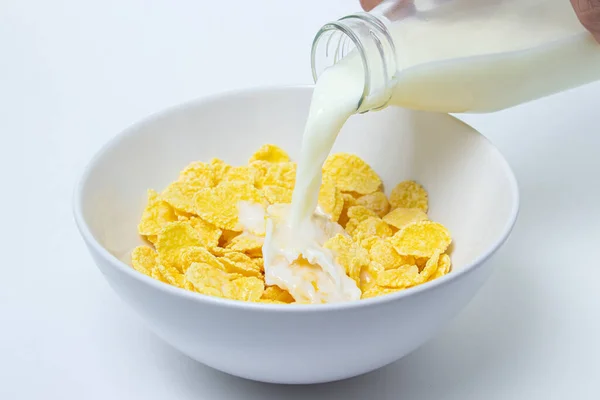 Milk Poured Plate Cornflakes White Background Healthy Tasty Breakfast — Stock Photo, Image