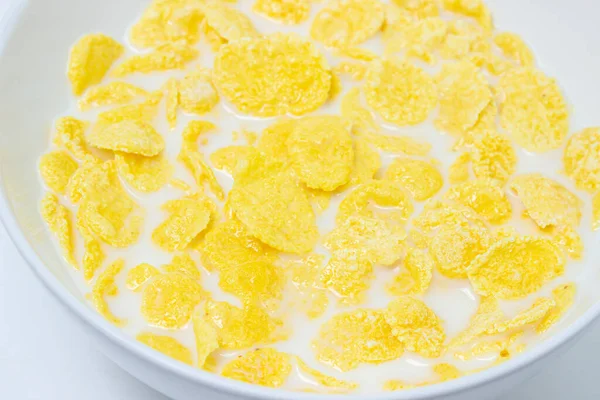 Cornflakes Dengan Susu Pada Latar Belakang Putih Sehat Dan Lezat — Stok Foto