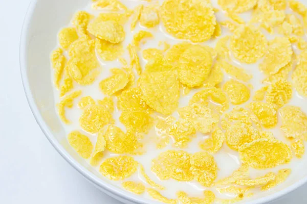 Flocos Milho Com Leite Sobre Fundo Branco Café Manhã Saudável — Fotografia de Stock