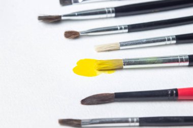 Beyaz arka planda boya fırçaları. Sarı boyalı bir fırça. Suluboya boya