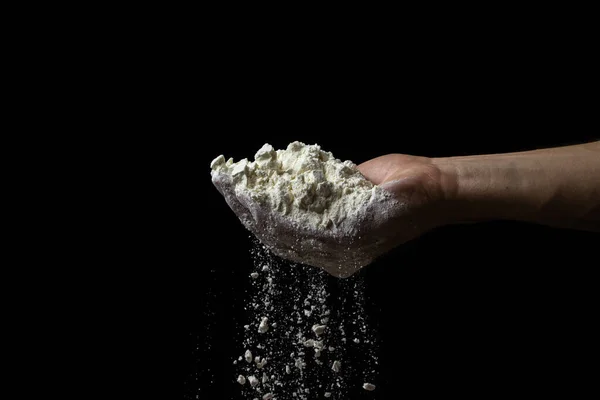 Flour Pouring Hand Black Background Flour Highest Grade Dark Background — Stock Photo, Image