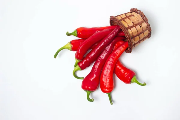 Red Hot Peppers Basket White Background Chili Pepper Isolated — 스톡 사진