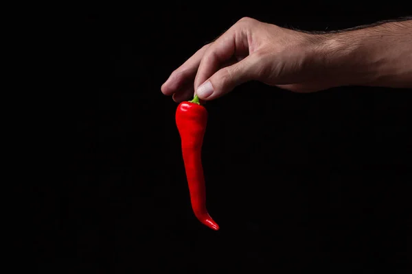 Hand Holds Red Hot Pepper Black Background Chili Pepper Isolated — Stock Photo, Image