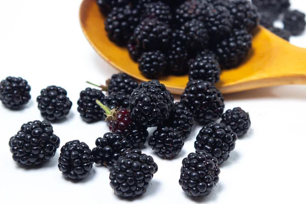 Wooden Spoon Blackberries White Background Delicious Ripe Berry — 图库照片