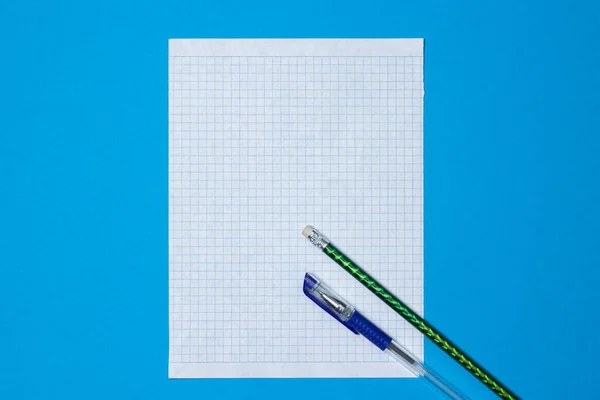 Blank Squared Paper Copy Space Blue Background Sheet Paper Pencil — Stock Photo, Image