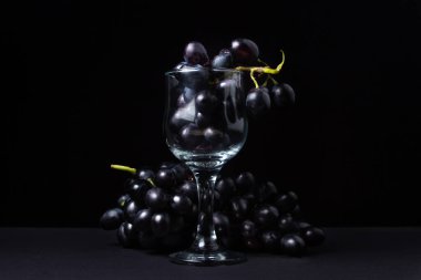 Siyah arka planda siyah üzümler. Koyu arkaplanda boş bir bardağın yanında bir demet üzüm.