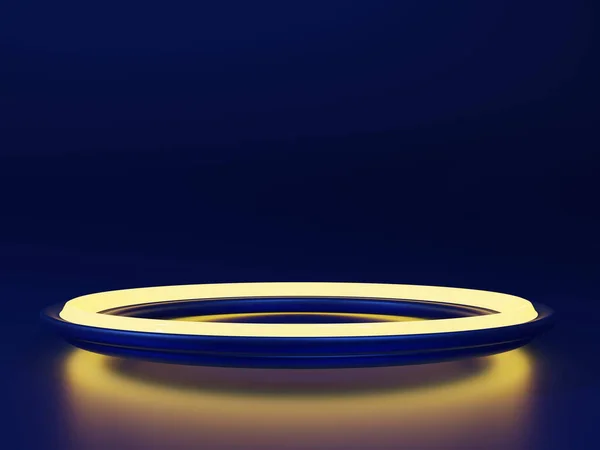 Mavi arka planda ürün sunumu için neon podyum. Parlayan bir platformun 3D çizimi