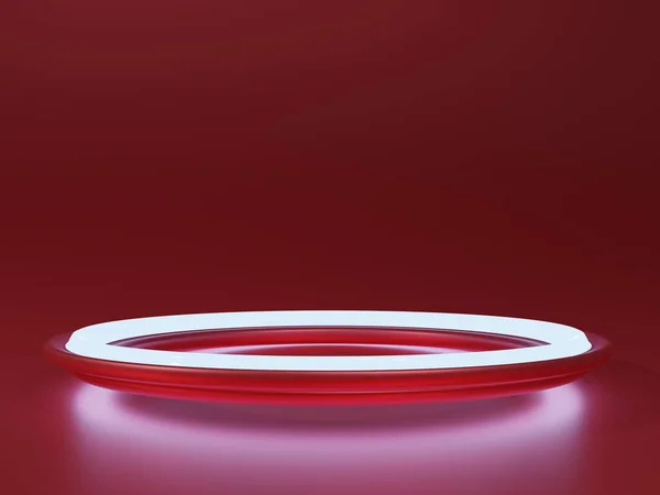 赤の背景に表彰台製品のプレゼンテーションのためのネオン 輝くプラットフォームの3Dイラスト — ストック写真