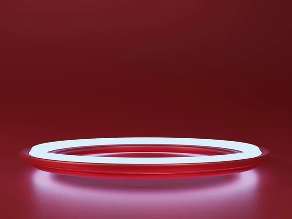 Kırmızı arka planda ürün sunumu için neon podyum. Parlayan bir platformun 3D çizimi